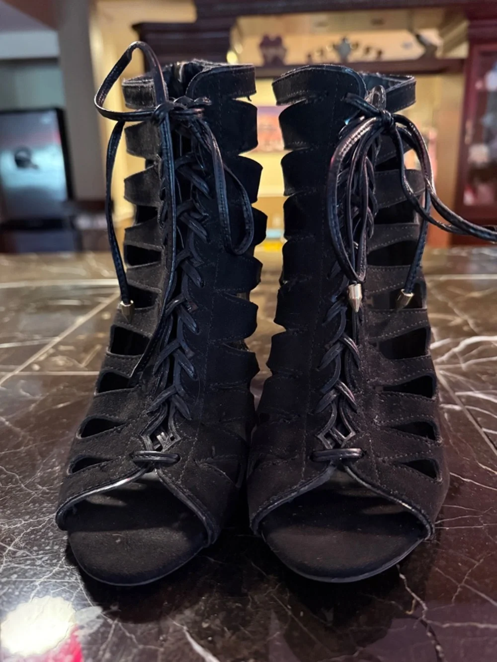 Sam & Libby size 8 black peep toe lace up heels - Picture 2 of 10